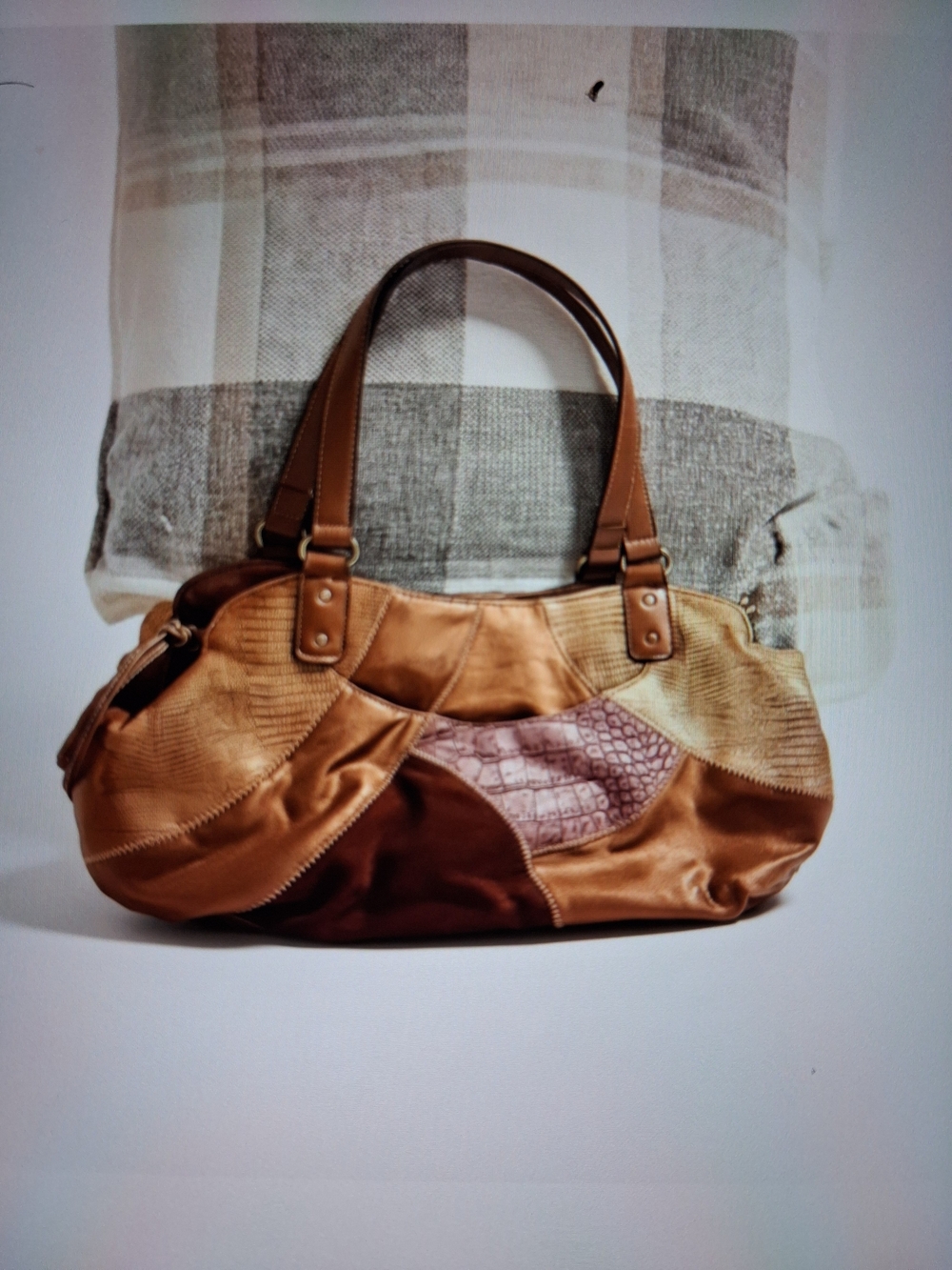 Relic Patchwork Leather Shoulder Tote in Tan & Brown